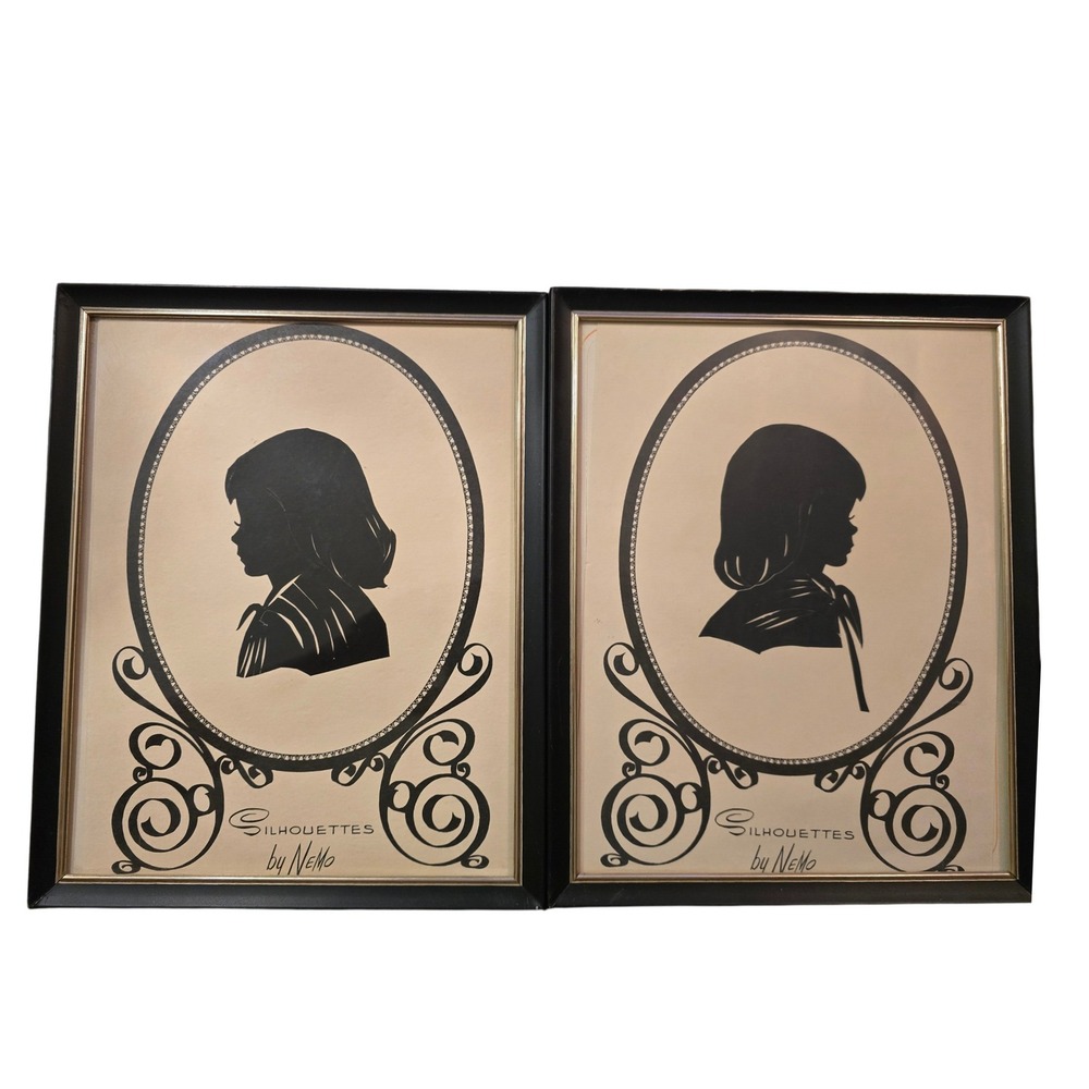 Vintage 1960s Disneyland Souvenir Silhouettes by Nemo Boy Girl Framed Set‎ of 2